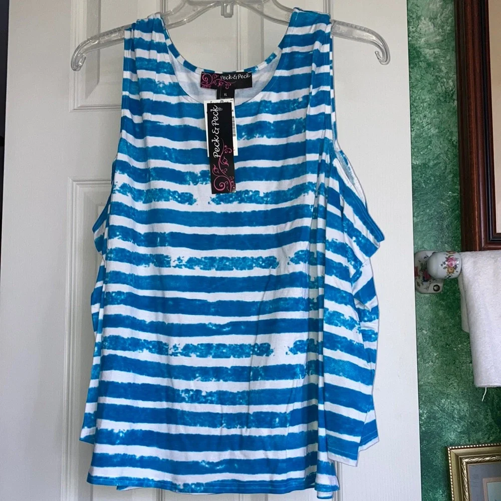 NWT PECK & PECK wh w/ turq. horizontal stripe cold- shoulder top, $20 - Picture 5 of 6